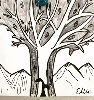 student drawing of a tree and mountains